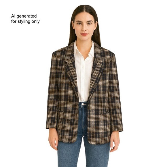 jaeger Jackets & Blazers - Vintage Jaeger Plaid Blazer Black Tan Wool Blend Sparkle‎ Button Jacket Women M